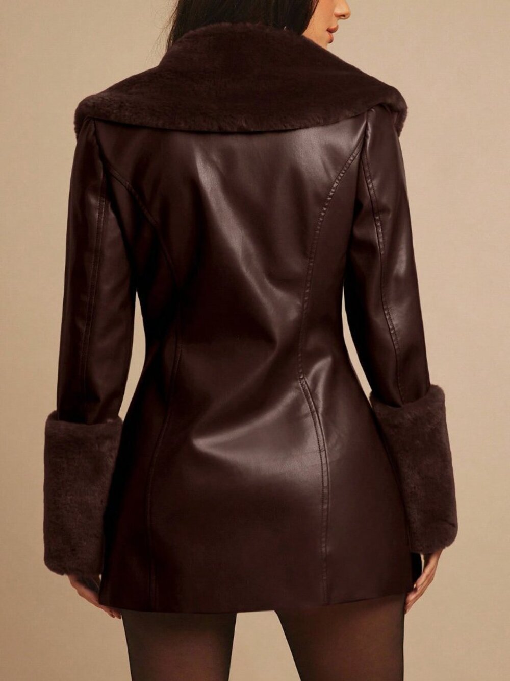 Coffee Brown Elegant Women's Faux Fur Collar Slim Jacket - Picture 2 of 8